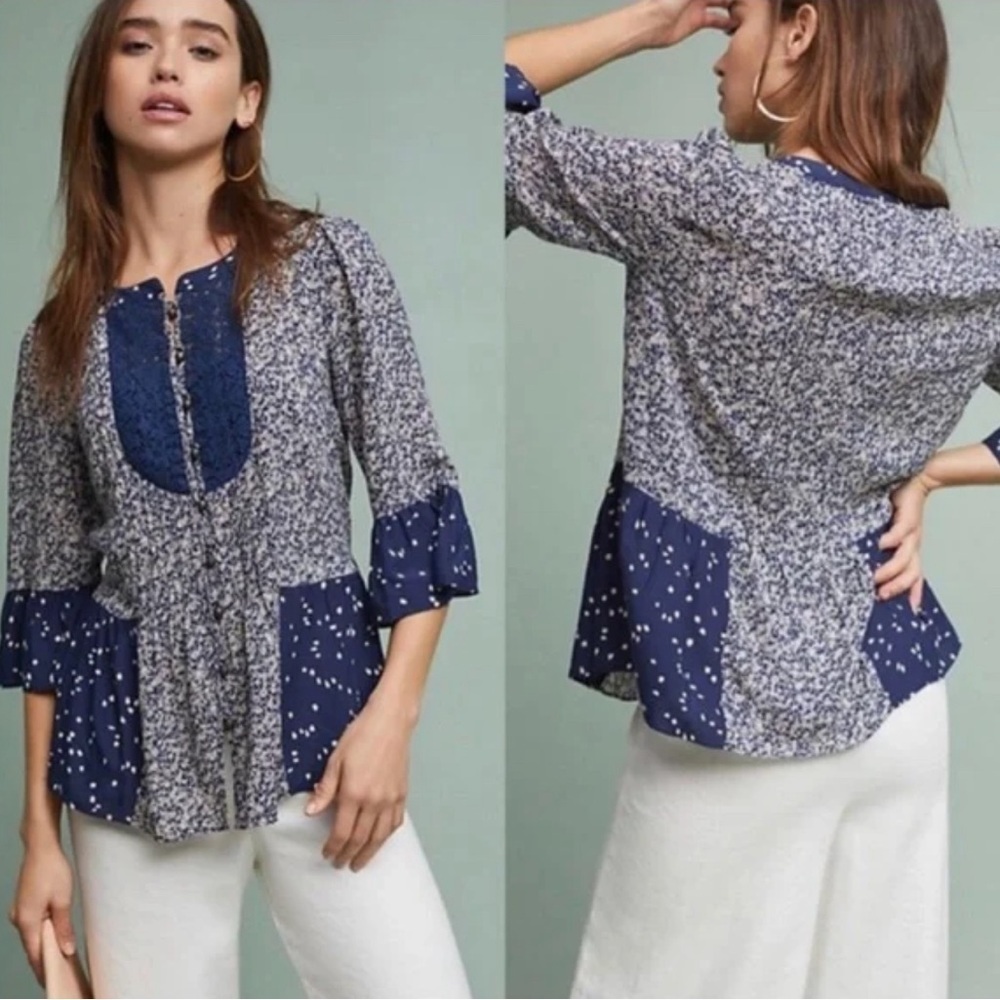 NWOT Anthropologie Maeve Hiver Blue Boho Peasant Blouse 3/4 Sleeve Size 4